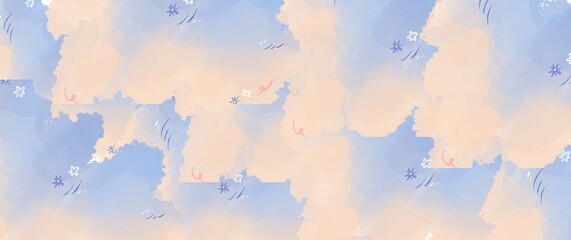 abstract blue and orange watercolor background with sprinkles of flowers for gift wrapping, decoration, hand-painted, hand-drawn, beauty