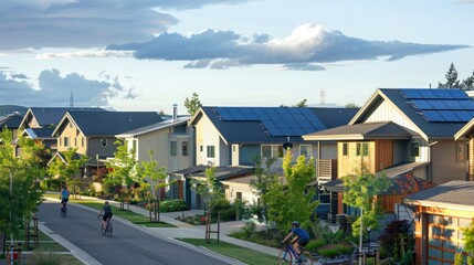 A suburban neighborhood with eco-friendly houses, solar panels, and residents cycling on dedicated bike paths.
