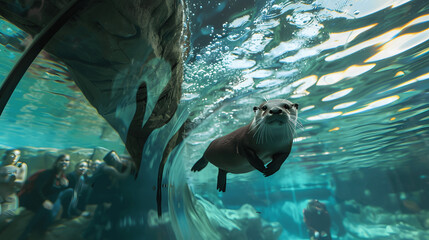 Playful otter swimming in aquarium tunnel