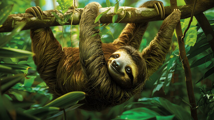 Fototapeta premium Sloth hanging from tree branch in jungle