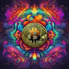 A Bitcoin coin is at the center of a vibrant display of colorful flowers, set against a dark backdrop resembling a rich tapestry of electric blue and magenta hues