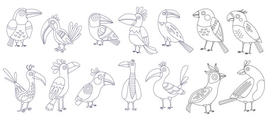 Doodle set with fantasy tropical funny birds. Vector hand drawn illustration, isolated black outline. Great for coloring	