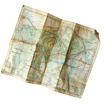 Vintage paper map displaying geographical locations, roads, and routes, perfect for travel enthusiasts and history buffs.