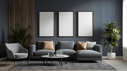 Modern luxury interior designs. Empty painted wall for mockup. accent furniture and a blank background. mockup wall, three vertical empty frames on the wall, interior mockup, mockup, PSD mockup