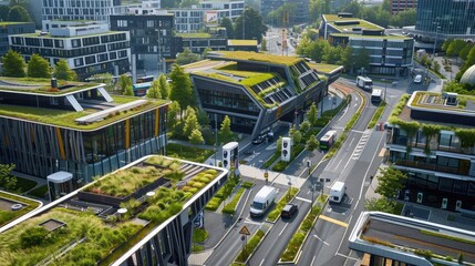 A sustainable business district with green roofs, electric vehicle charging stations, and smart traffic management.