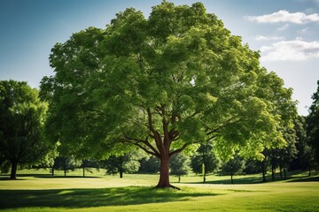 Fototapeta premium A lush green tree with vibrant leaves in a park, real photo quality shoot on Canon camera --ar 3:2 --style raw --stylize 250 Job ID: 25304d46-c18a-4751-a3d1-83a307f5635f