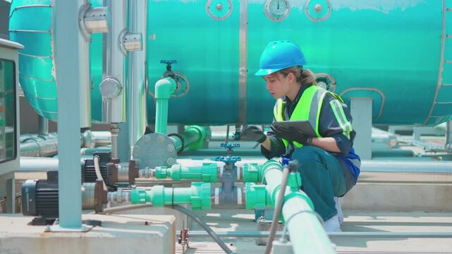 Engineer under checking the industry chilled water fan coil unit air conditioner is water cooling tower air chiller HVAC system of large industrial building to control air system
