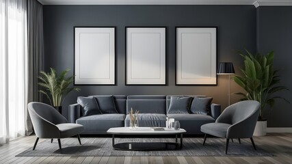 Modern luxury interior designs. Empty painted wall for mockup. accent furniture and a blank background. mockup wall, three vertical empty frames on the wall, interior mockup, mockup, PSD mockup