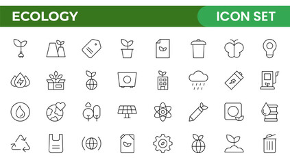 Ecology icon set. Environment, sustainability, nature, recycle, renewable energy; electric bike, eco-friendly, forest, wind power, green symbol. Solid icons vector collection.
