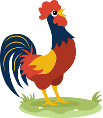 Farm Animals. A beautiful rooster sings on the grass on a white background. Baby flat vector illustration.