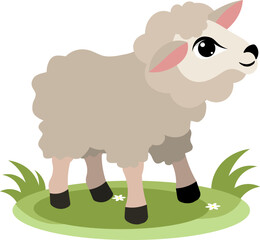 Farm Animals. Cute little sheep on green grass on a white background. Baby flat vector illustration.