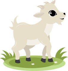 Farm Animals. White little goat on green grass on a white background.Baby flat vector illustration.