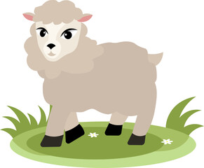 Farm Animals. Young gray sheep on green grass on a white background. Baby flat vector illustration.
