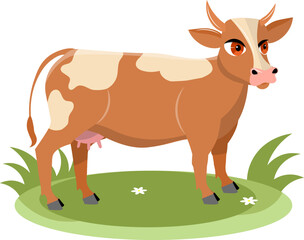 Farm Animals. A brown cow stands on green grass on a white background. Baby flat vector illustration.