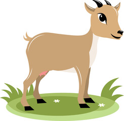 Farm Animals. Young brown goat on green grass on a white background. Baby flat vector illustration.