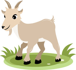 Farm Animals. A young gray goat stands on green grass on a white background. Baby flat vector illustration.