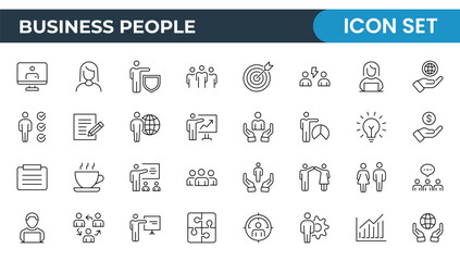 Business Outline Icon Set Collection. Business Management linear vector icon designs for web, media, and app interfaces. Business or organization management icon set. Solid icons vector collection.