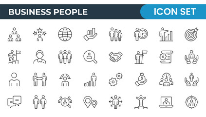 Business Outline Icon Set Collection. Business Management linear vector icon designs for web, media, and app interfaces. Business or organization management icon set. Solid icons vector collection.