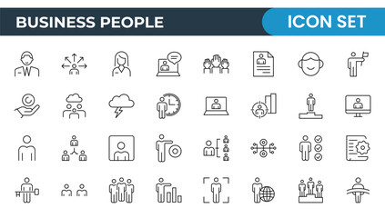 Business Outline Icon Set Collection. Business Management linear vector icon designs for web, media, and app interfaces. Business or organization management icon set. Solid icons vector collection.