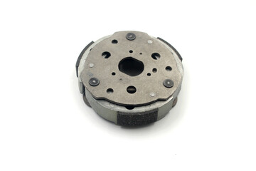 centrifugal clutch set of motorcycle or scooter on white background .Motorcycle automatic clutch uses centrifugal force with the driving shaft nested inside the driven shaft.