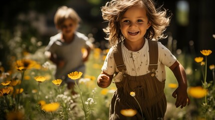 Smiling kids running in the field among flowers