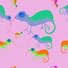 Seamless composition colored chameleons. Hand drawn.