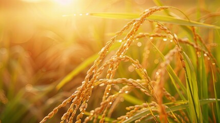 Ears of rice and morning sunlight, Paddy rice field before harvest with sunrise background. Close-up to rice seeds in ear of paddy.