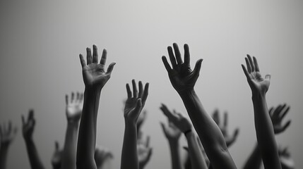 Many hands raised up high together, black and white banner