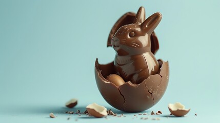 chocolate egg with small chocolaty bunny inside the egg isolated on the blue background abstract Easter celebration of the background 