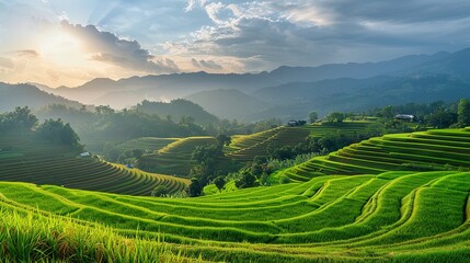 Fototapeta premium Green rice field with mountain background at Pa Pong Piang Terraces Chiang Mai, Thailand