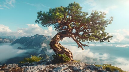 Gnarled Ancient Pine Tree Atop Misty Mountain Lake Landscape