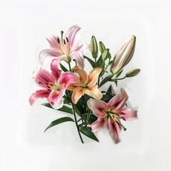 Obraz premium Pink and White Lily Bouquet with Green Leaves