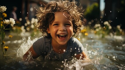 Obraz premium Happy kid is having fun splashing in water outdoors