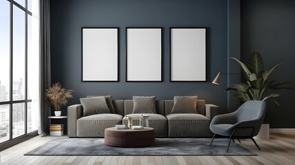 Modern luxury interior designs. Empty painted wall for mockup. accent furniture and a blank background. mockup wall, three vertical empty frames on the wall, interior mockup, mockup, PSD mockup