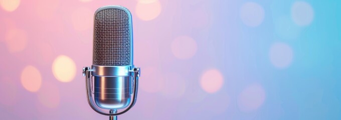 Retro Vintage Microphone with Pink and Blue Bokeh Background for Music, Podcast, and Broadcasting Themes