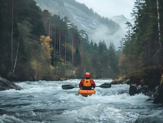 Kayaker Navigating Rapid Mountain River Through Lush Forest Landscape