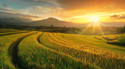 Fototapeta premium View of the rice fields after harvest during sunset. Farm, Agriculture concept.