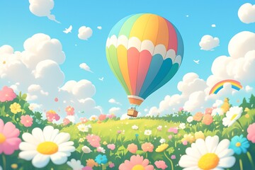 Colorful hot air balloon above the hill fill with flower in the bright summer day