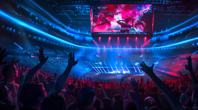 Sports cyber arena full of fans having fun and cheering in the stands. Dark boxing arena with floodlights. Concept of sport, design.
