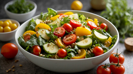 vitamin-packed salad in a large bowl. Include ingredients such as kale, cherry tomatoes, bell peppers, carrots, and sunflower seeds, topped with a drizzle of lemon vinaigrette
