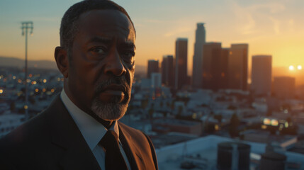 Fototapeta premium Portrait of an adult dark-skinned man on the roof of a building overlooking the metropolis. A handsome man enjoys the freedom of the sunset outdoors. Lifestyle.