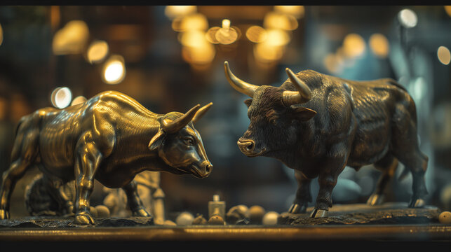 Two bronze bulls on table