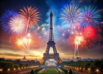 Eiffel Tower night fireworks in Paris, France on Bastille Day