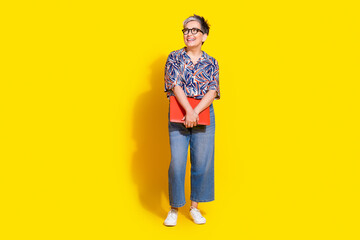 Full size photo of nice pensioner female hold netbook look empty space wear trendy colorful outfit...