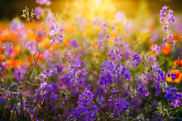 Fototapeta premium Purple small wildflowers of Forking Larkspur known as Consolida regalis in spring meadow.