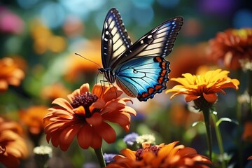 Obraz premium An enchanting butterfly fluttering among colorful flowers on a bright floral background to the right of center and delicately facing towards the center