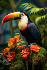 Fototapeta premium An exotic toucan perched among lush tropical foliage against vibrant jungle backdrop where soft light enhances its colorful beak as it gazes curiously towards viewers