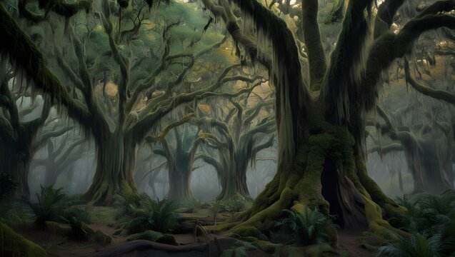 Immersive mystical atmosphere of Endor's lush verdant forests and towering trees in the Star Wars universe.