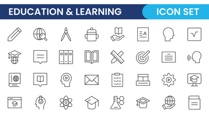 Education line icon collection. Contains knowledge, college, task list, design, training, idea, teacher, file, graduation hat, institute, ruler, and telescope. Education set of web icons in style.