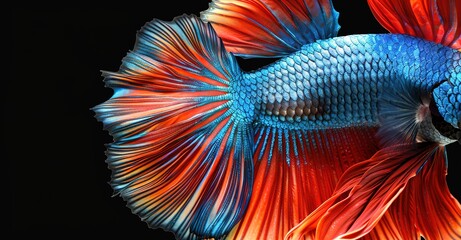 Fototapeta premium A betta fish that has a blue body and red tail with a black background